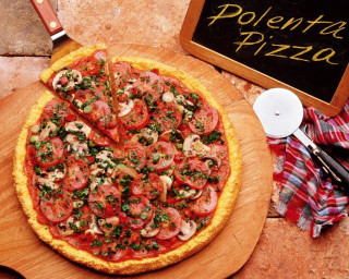 Pizza tomatoes herbs wooden board - a pizza free wallpaper
