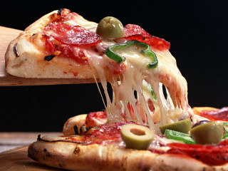 Person taking slice pizza wooden - hyperrealism free wallpaper