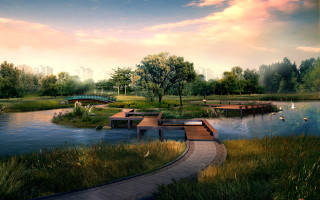 Park bench lake bridge painting 2 - unreal engine free wallpaper for desktop