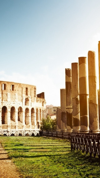 Benches building columns grass blue - free vintage wallpaper