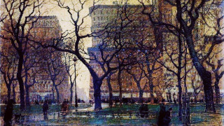 Park people walking trees background - impressionist painting free wallpaper