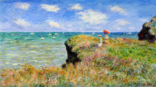 Person umbrella cliff ocean boats 2 - claude monet free wallpaper