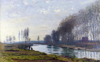 Man river bank forest house - impressionist painting free wallpaper