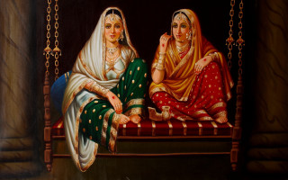 Two women swing painting together - sari free wallpaper