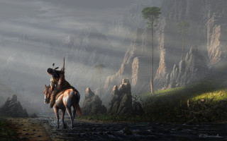 Men horses mountain stream trees - mountainous free wallpaper