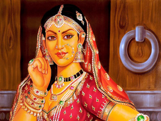 Woman red gold outfit ring - detailed oil painting free wallpaper