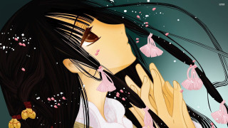 Woman hair wind pink flowers - anime visual free wallpaper