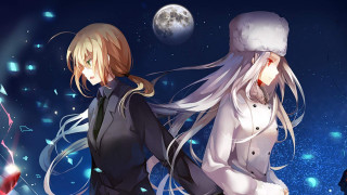 Anime characters walking snow night - a full moon in the background free wallpaper for desktop