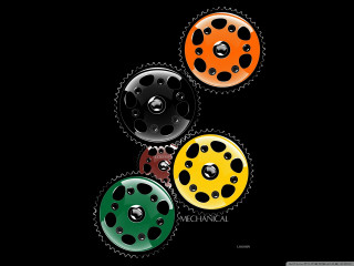 Colored gears black background white - mechanical free wallpaper