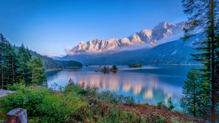 Lake mountains trees bench path - mountain and trees free wallpaper