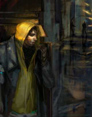 Man yellow raincoat yellow umbrella - cyberpunk art free wallpaper for mobile