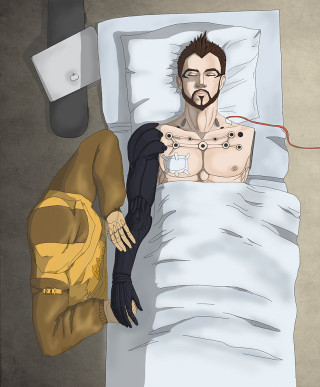 Man laying bed backpack laptop - cyberpunk art free wallpaper for mobile