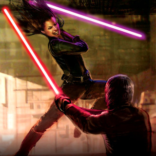 Woman lightsaber duel man suit - a red dress free wallpaper for tablet