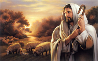 Jesus holding stick sheep field 2 - radiant free wallpaper