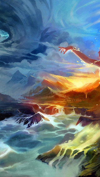 Woman cliff ocean arms outstretched - a sunset in the background free wallpaper for mobile