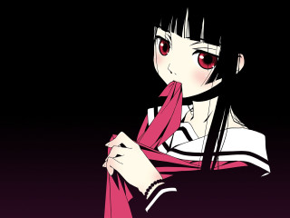 Woman red eyes holding scarf - anime visual free wallpaper