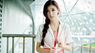 Woman holding umbrella balcony rain - chen lu free wallpaper