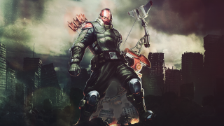 Futuristic man bow arrow cityscape 2 - a futuristic suit holding free wallpaper