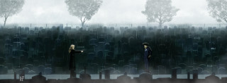 People cemetery rain trees fog - two person free wallpaper