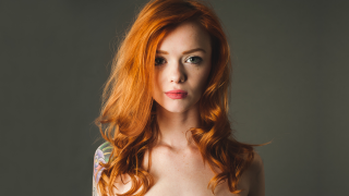 Woman red hair tattoo shoulder - a grey background free wallpaper