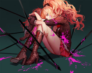 Woman pink hair sitting ground - her hand and a knife free wallpaper