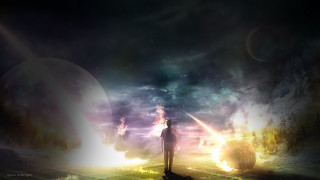 Man standing space planets stars - a space free wallpaper