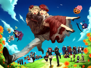 Flying couple sky background flowers - ufotable free wallpaper