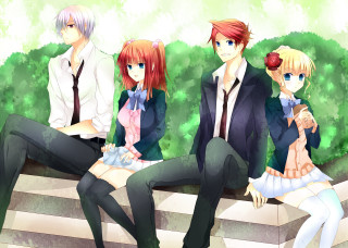 Anime characters bench tree bushes - a bench in front free wallpaper