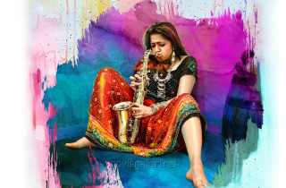 Woman sitting playing saxophone colorful - a splash of paint free wallpaper