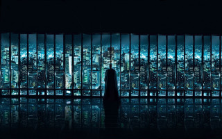 Person window city night hologram - behind them free wallpaper for desktop