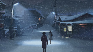 Couple walking snow covered street - the track free wallpaper