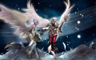 Angels snowy mountain stars night - high fantasy free wallpaper