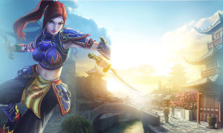 Woman blue outfit sword building 2 - a sky background and a sun free wallpaper