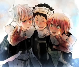 Anime couple posing hands up - their face free wallpaper