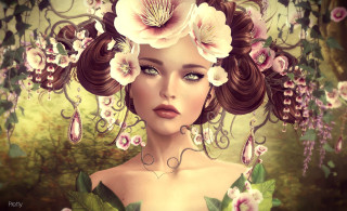 Woman flowers hair digital painting - whimsical free wallpaper
