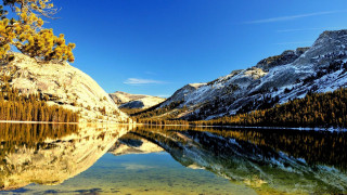 Mountain lake snowy mountains forest 2 - a clear blue sky above free wallpaper
