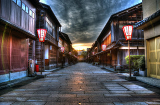 Tokyo street buildings sunset cloudy - japan eishōsai chōki free wallpaper