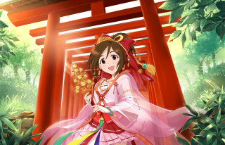 Woman kimono red torii gate - a statue free wallpaper