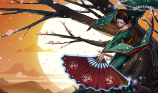 Woman kimono fan full moon - a woman in a kimono holding free wallpaper