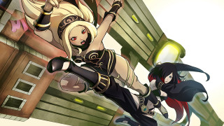 Anime characters flying skateboards city - a city street free wallpaper