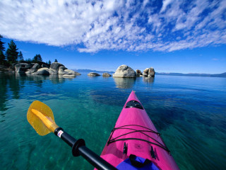 Kayak water rocks trees lake - tranquil free wallpaper