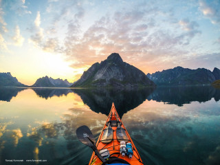 Kayak water mountains sunset dawn - artur grottger free wallpaper for desktop