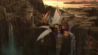 Dragon flying castle cliff waterfall - a cliff side free wallpaper