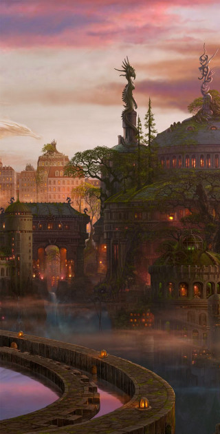 City statue bridge lake painting - a statue free wallpaper for mobile