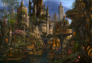 Fantasy city bridge castle trees - lot of trees free wallpaper