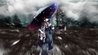 Woman umbrella field grass trees - a dark sky free wallpaper