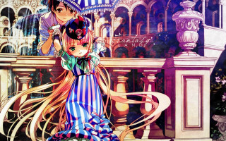 Girl boy building fountain clock - a girl and a boy free wallpaper