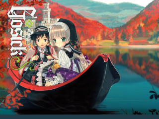 Anime girls boat lake castle - a castle in the background free wallpaper for desktop