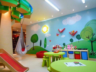 Playroom slide play table mural - a childs drawing free wallpaper
