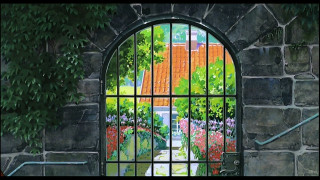 Garden gated entrance building background - a painting of a garden free wallpaper